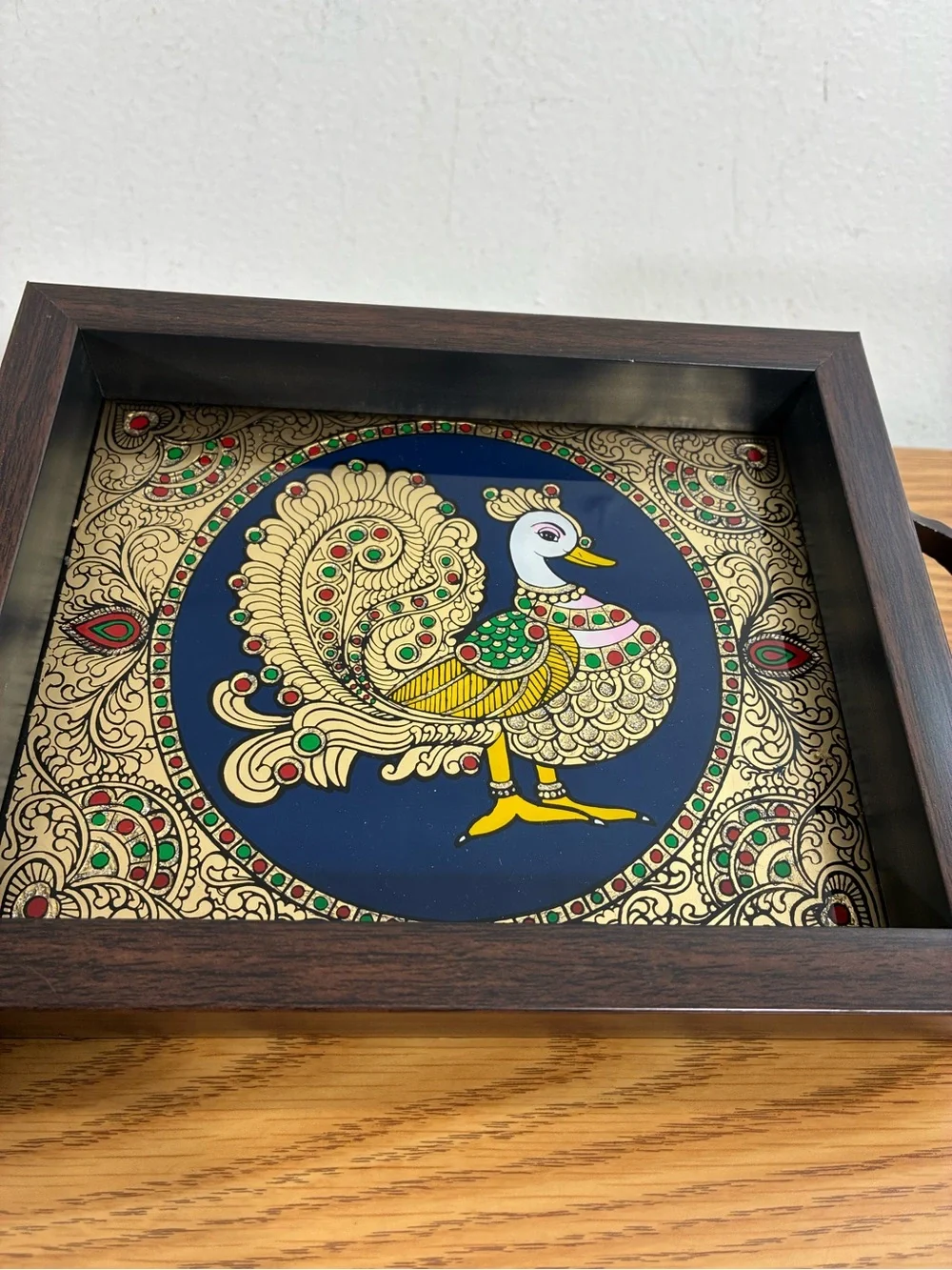 Tanjore mini tray gold foil framed peacock under acrylic